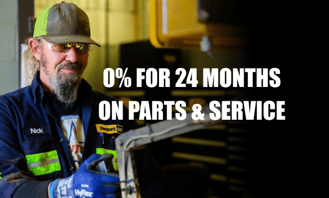 Blanchard service technician at work with text stating 0% for 24 months on parts and service