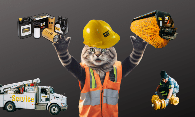 Cat in a hard hat and safety vest surrounded by pictures of Cat parts and services, as well as Cat attachments to represent the year round benefits offered by the Cat Card line of flexible credit