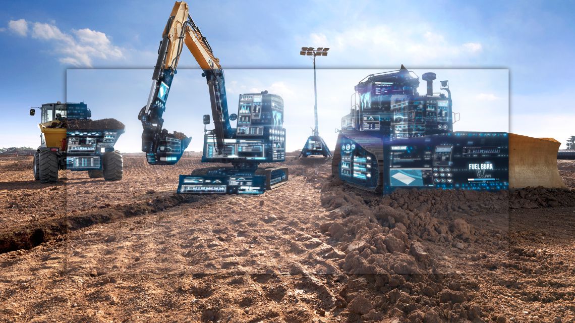 image of Cat construction equipment with a filter showing various graphs and charts within the machinery to represent Cat Construction Technology, also known as equipment technologies 