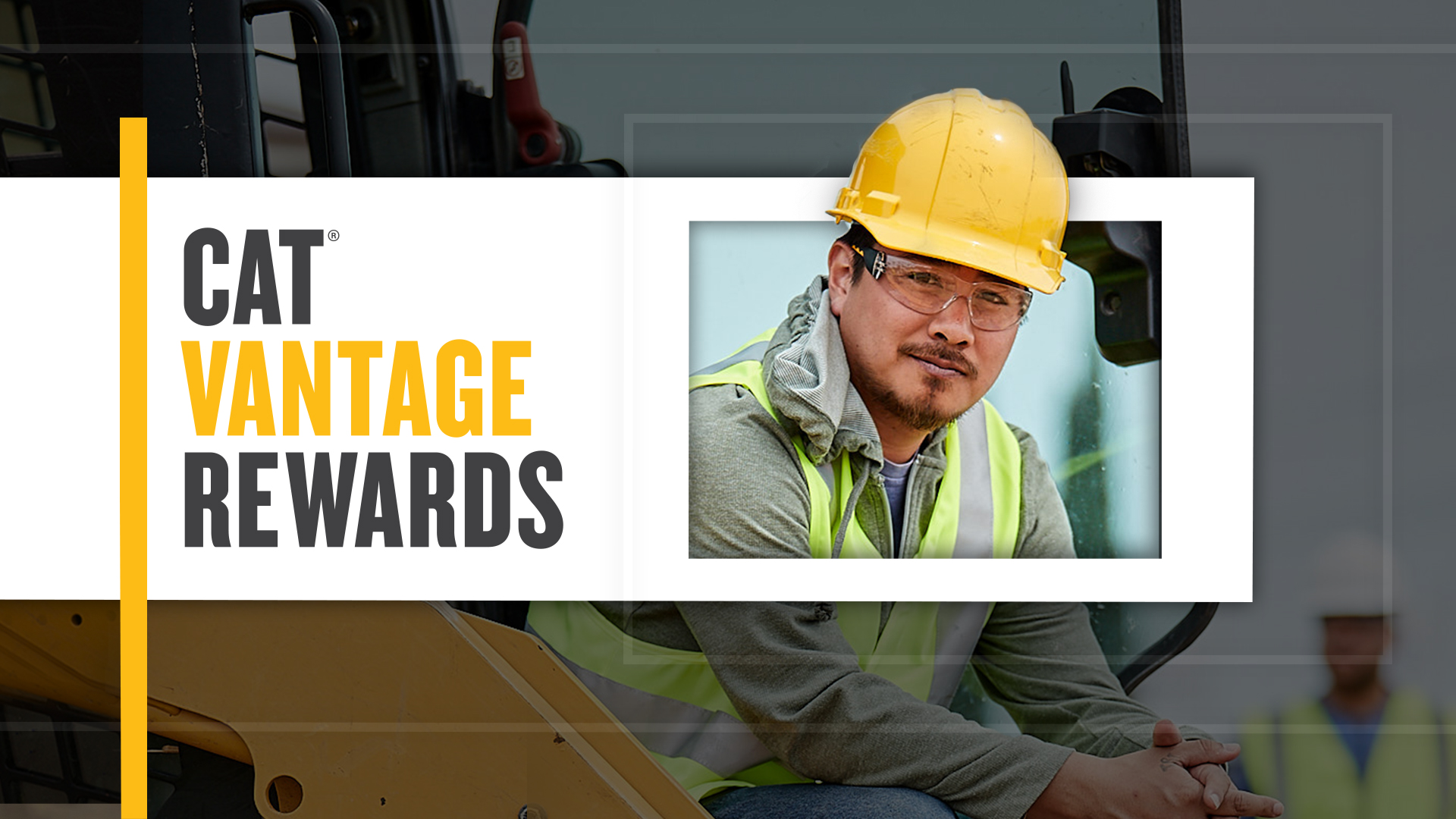 Cat Vantage Rewards text next to a construction worker