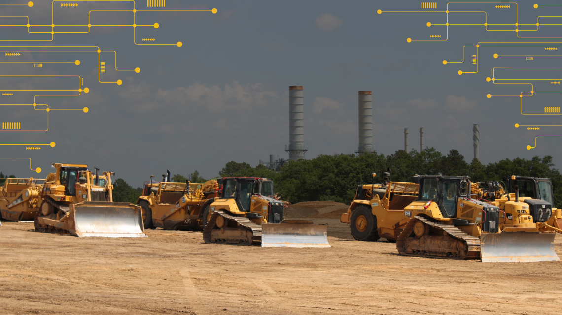 Cat bulldozers and earthmoving equipment on a dirt lot with tech graphics overlaid above to represent Cat Grade Technologies

