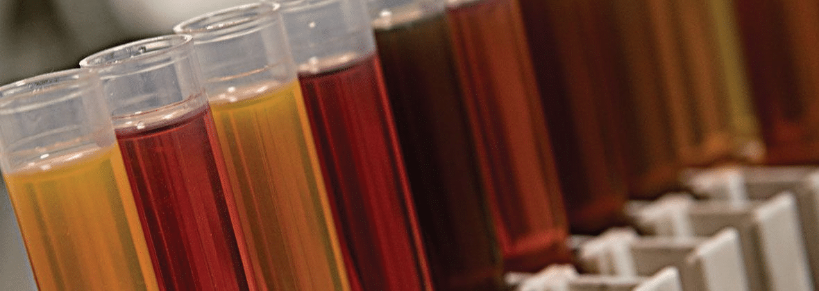Close-up view of fluid samples in test tubes showing varying colors, representing different stages of fluid analysis for equipment health monitoring, offered through Blanchard Machinery.