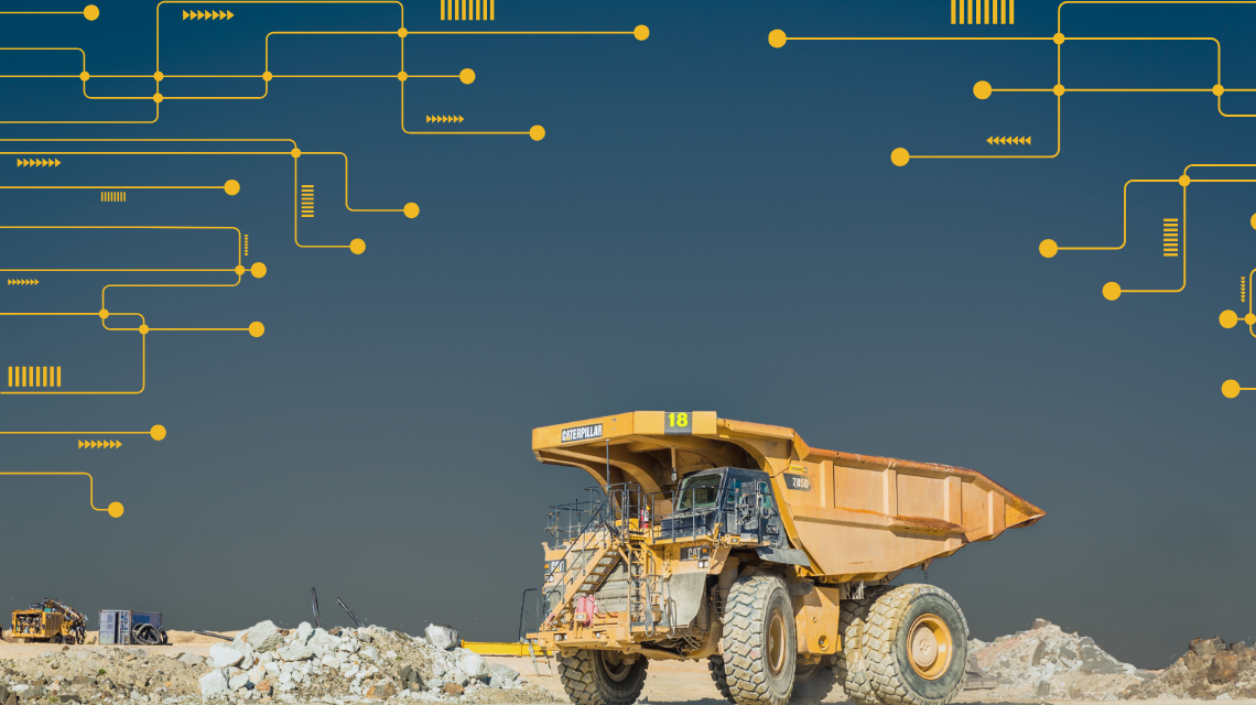 Large Cat mining dump truck on a rocky jobsite under a clear sky with yellow digital graphic overlays, representing Cat Payload Technologies
