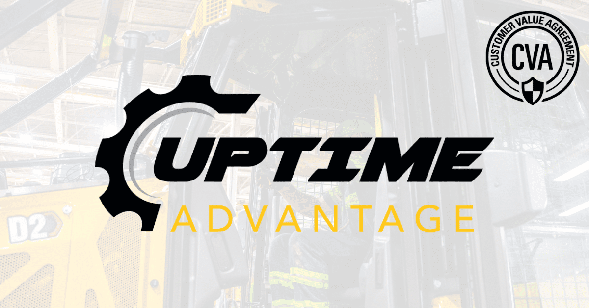 transparent image of a Blanchard Machinery technician working on Cat equipment in the background with Uptime Advantage logo pictured in the center and Customer Value Agreement (CVA) logo pictured in the top right-hand corner