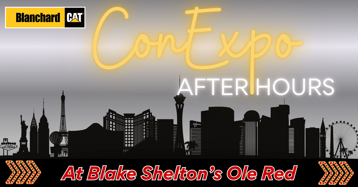ConExpo after hours text over Las Vegas city skyline and text at the bottom stating "at Blake Shelto's Ole Red"