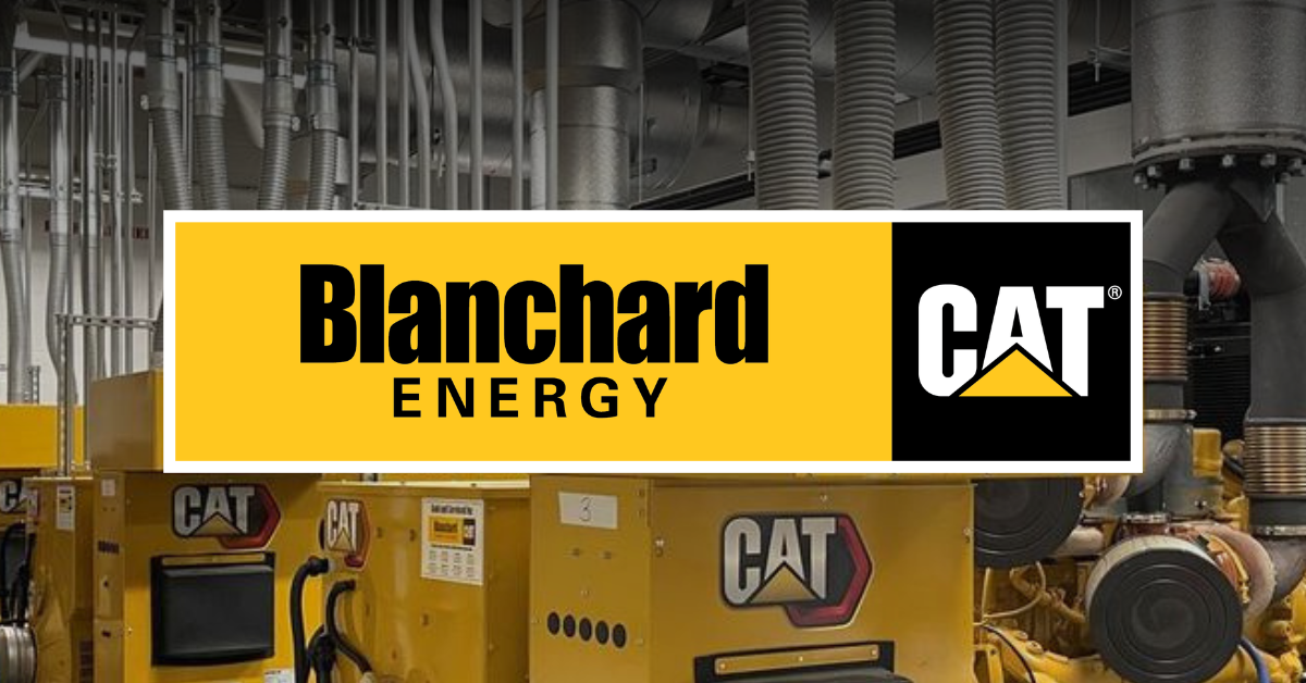 Blanchard Energy logo pictured over an image showing several Cat commercial generators